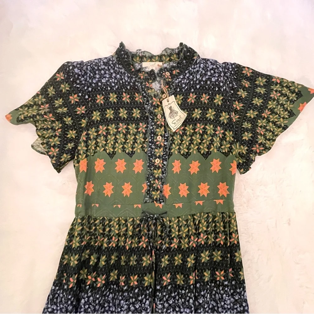 NWT Easel Blue & Green Jewel Tone Floral Patchwork Tiered Long Dress - Picture 6 of 15